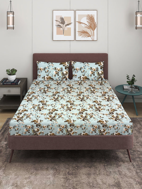 BLUE FLORAL PATTERNED 150 TC QUEEN BEDSHEET WITH 2 PILLOW COVERS