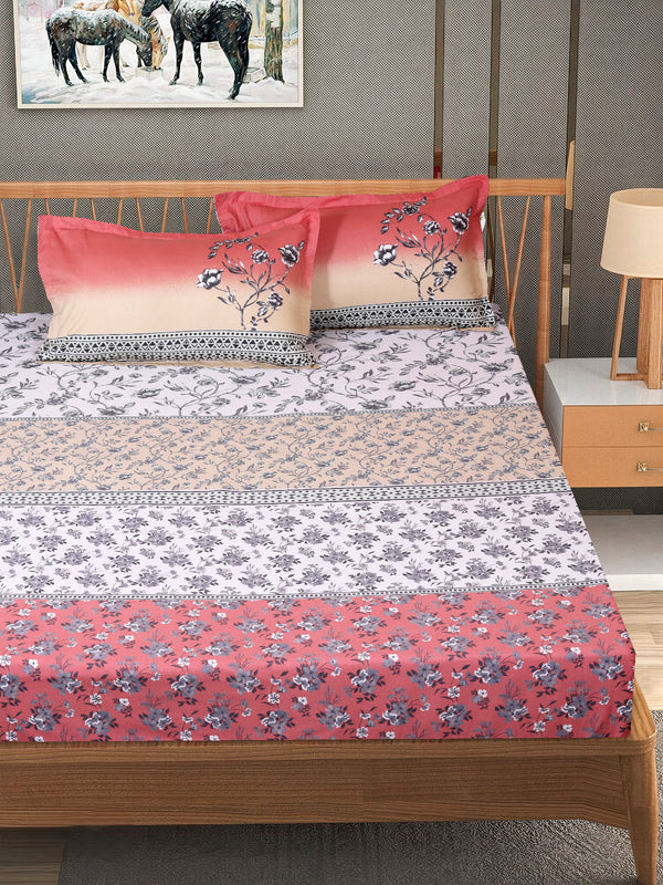 White & Pink Floral PATTERNED 240 TC QUEEN BEDSHEET WITH 2 PILLOW COVERS
