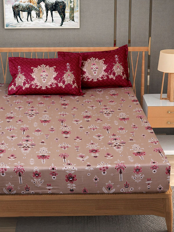 Dark Brown Floral PATTERNED 240 TC QUEEN BEDSHEET WITH 2 PILLOW COVERS