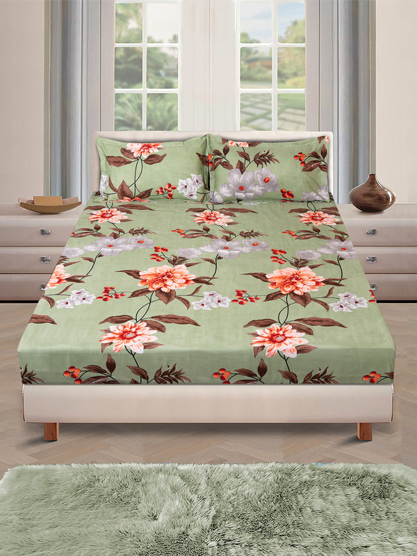 Green Floral PATTERNED 144 TC QUEEN BEDSHEET WITH 2 PILLOW COVERS