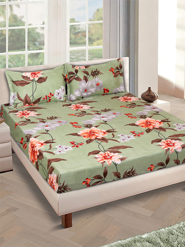 Green Floral PATTERNED 144 TC QUEEN BEDSHEET WITH 2 PILLOW COVERS
