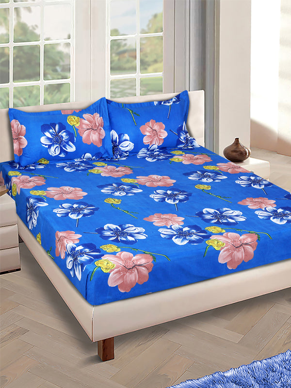 Blue Floral PATTERNED 144 TC QUEEN BEDSHEET WITH 2 PILLOW COVERS