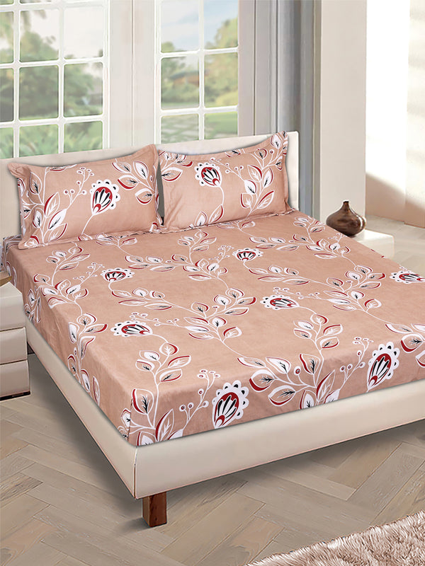 Beige Floral PATTERNED 144 TC QUEEN BEDSHEET WITH 2 PILLOW COVERS