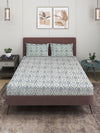 Blue & Off White Ethnic Motifs PATTERNED 300 TC QUEEN BEDSHEET WITH 2 PILLOW COVERS