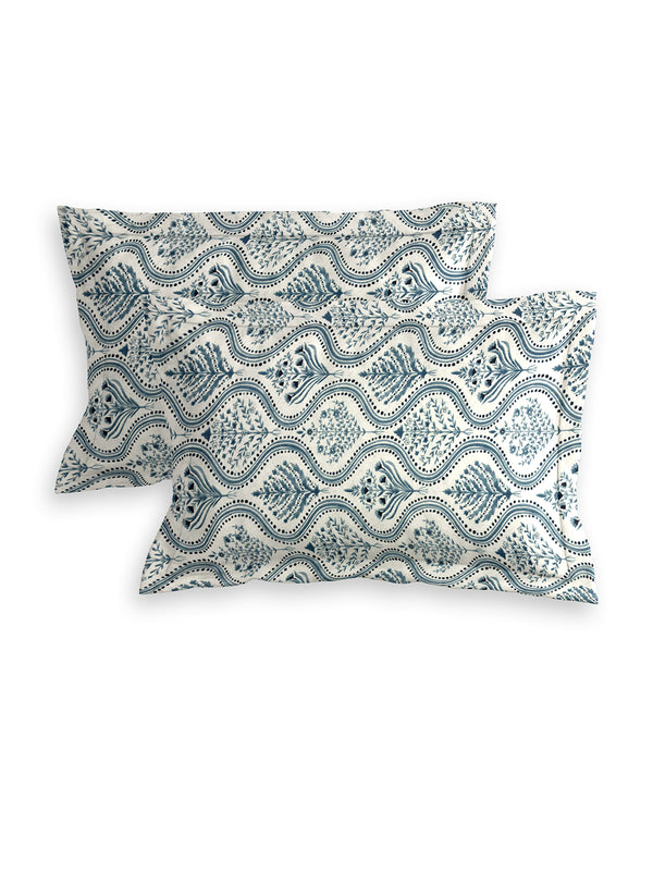 Blue & Off White Ethnic Motifs PATTERNED 300 TC QUEEN BEDSHEET WITH 2 PILLOW COVERS