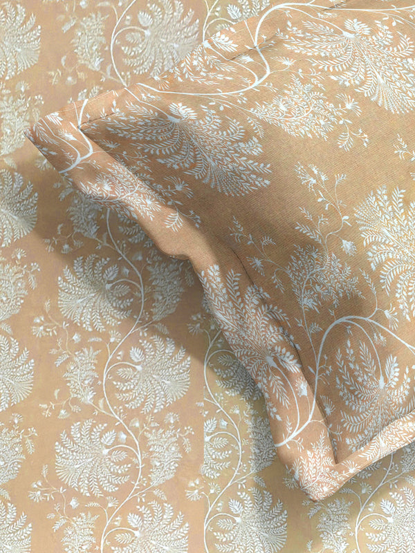 Beige Floral PATTERNED 300 TC QUEEN BEDSHEET WITH 2 PILLOW COVERS
