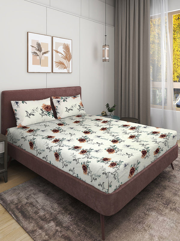 White Floral PATTERNED 300 TC QUEEN BEDSHEET WITH 2 PILLOW COVERS