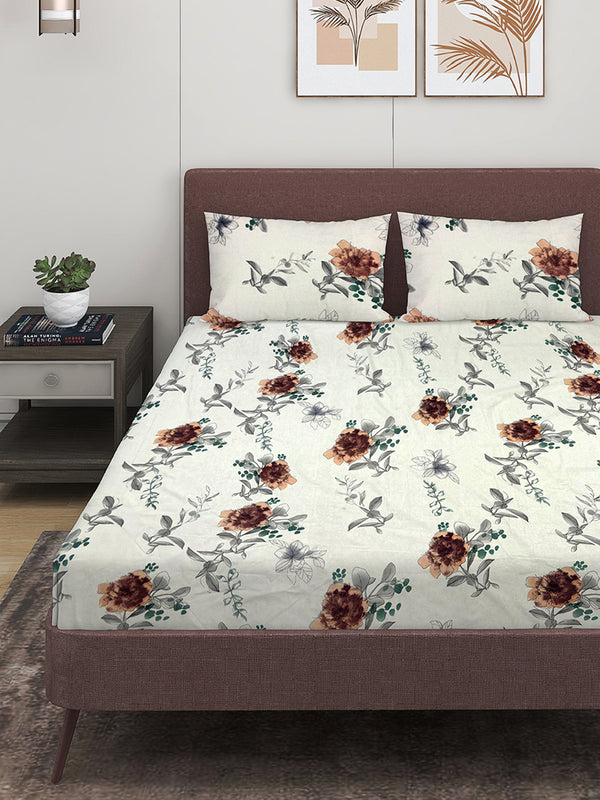 White Floral PATTERNED 300 TC QUEEN BEDSHEET WITH 2 PILLOW COVERS