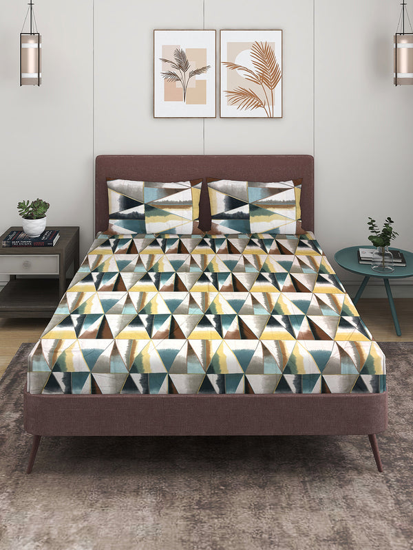 Multicolor Geometric PATTERNED 300 TC QUEEN BEDSHEET WITH 2 PILLOW COVERS