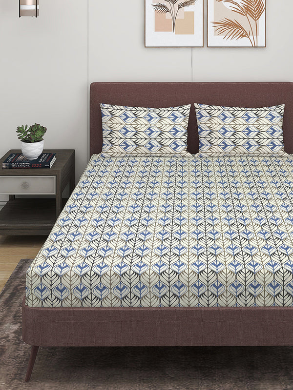 Blue & White Geometric PATTERNED 300 TC QUEEN BEDSHEET WITH 2 PILLOW COVERS