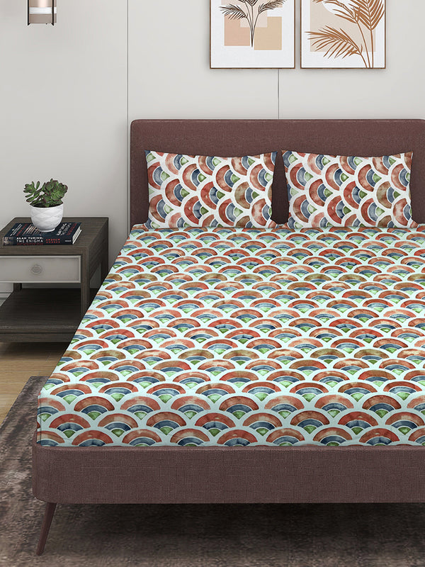 Maroon & Off White Geometric PATTERNED 300 TC QUEEN BEDSHEET WITH 2 PILLOW COVERS