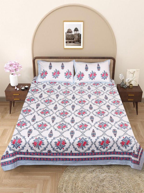 Blue & White Ethnic Motifs PATTERNED 220 TC QUEEN BEDSHEET WITH 2 PILLOW COVERS