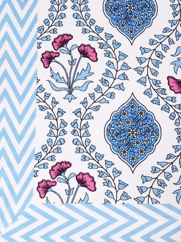 Blue & White Ethnic Motifs PATTERNED 220 TC QUEEN BEDSHEET WITH 2 PILLOW COVERS