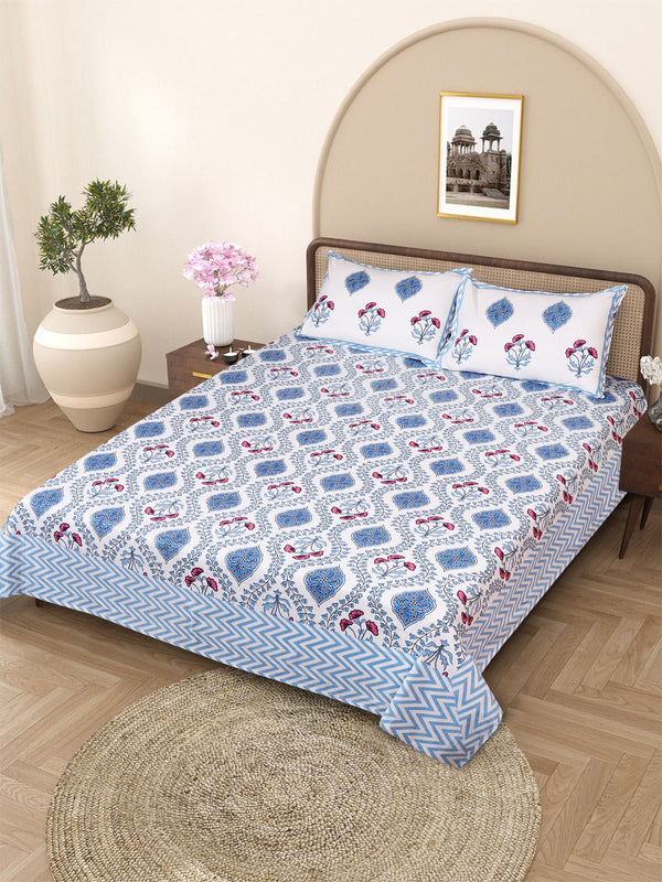 Blue & White Ethnic Motifs PATTERNED 220 TC QUEEN BEDSHEET WITH 2 PILLOW COVERS