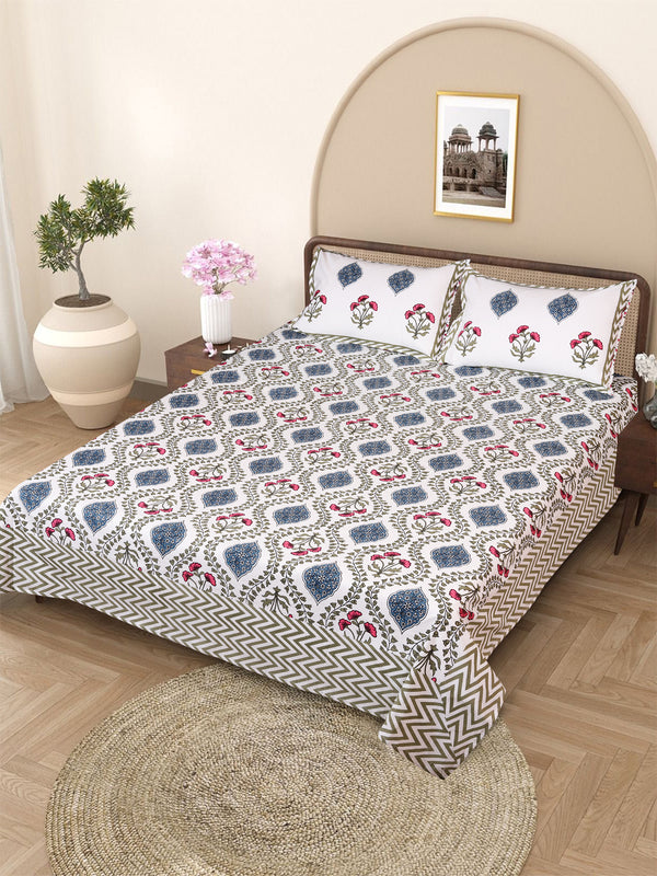 Multicolor Ethnic Motifs PATTERNED 220 TC QUEEN BEDSHEET WITH 2 PILLOW COVERS