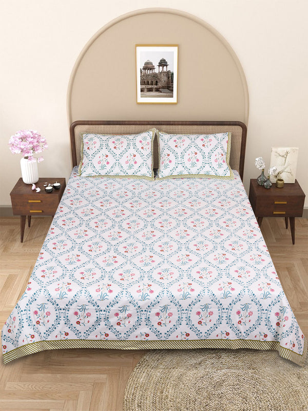 Blue & White Ethnic Motifs PATTERNED 220 TC QUEEN BEDSHEET WITH 2 PILLOW COVERS