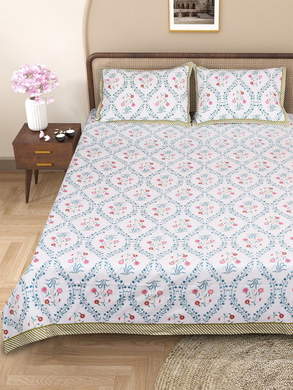 Blue & White Ethnic Motifs PATTERNED 220 TC QUEEN BEDSHEET WITH 2 PILLOW COVERS