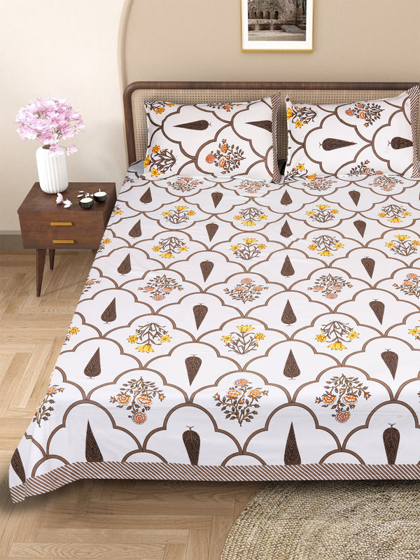 Brown & White Ethnic Motifs PATTERNED 220 TC QUEEN BEDSHEET WITH 2 PILLOW COVERS