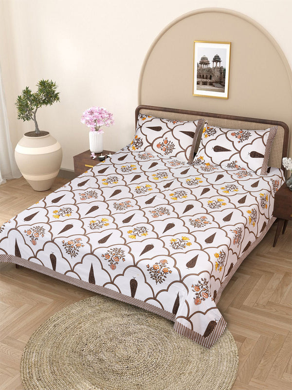 Brown & White Ethnic Motifs PATTERNED 220 TC QUEEN BEDSHEET WITH 2 PILLOW COVERS