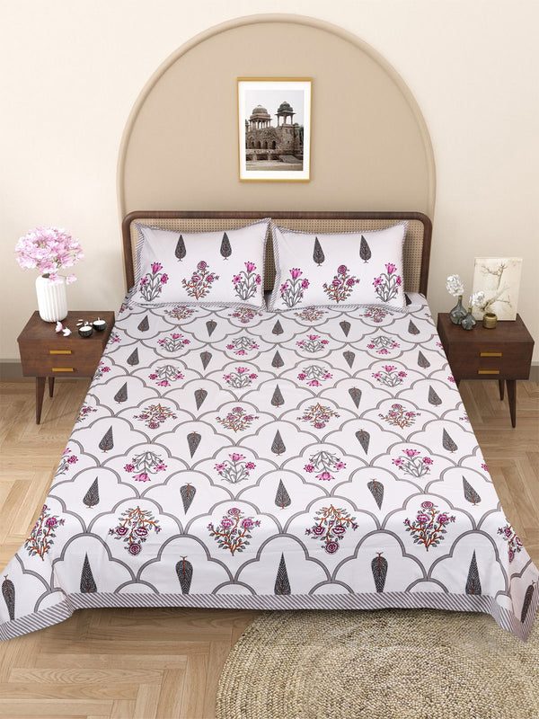 Grey & White Ethnic Motifs PATTERNED 220 TC QUEEN BEDSHEET WITH 2 PILLOW COVERS