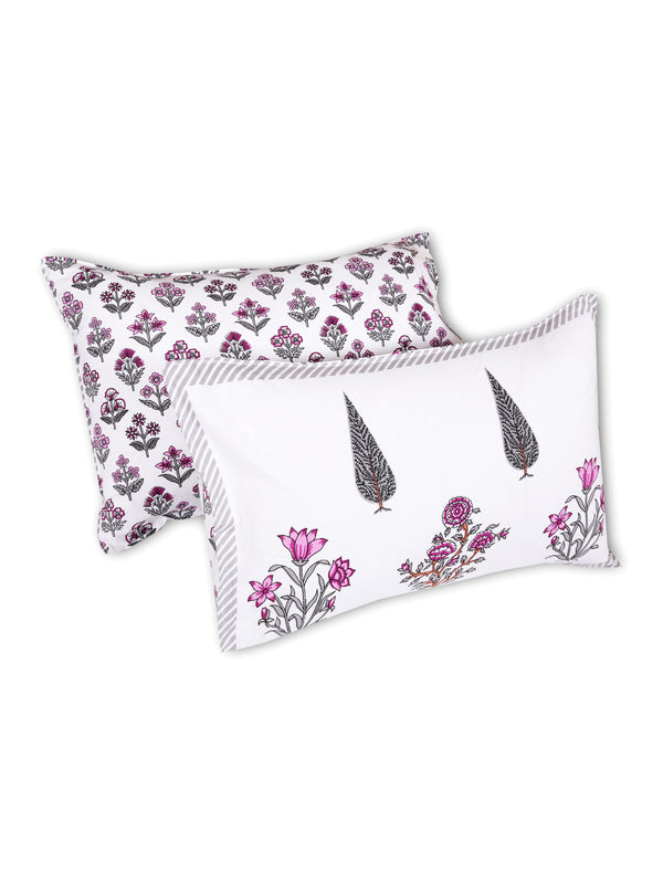 Grey & White Ethnic Motifs PATTERNED 220 TC QUEEN BEDSHEET WITH 2 PILLOW COVERS