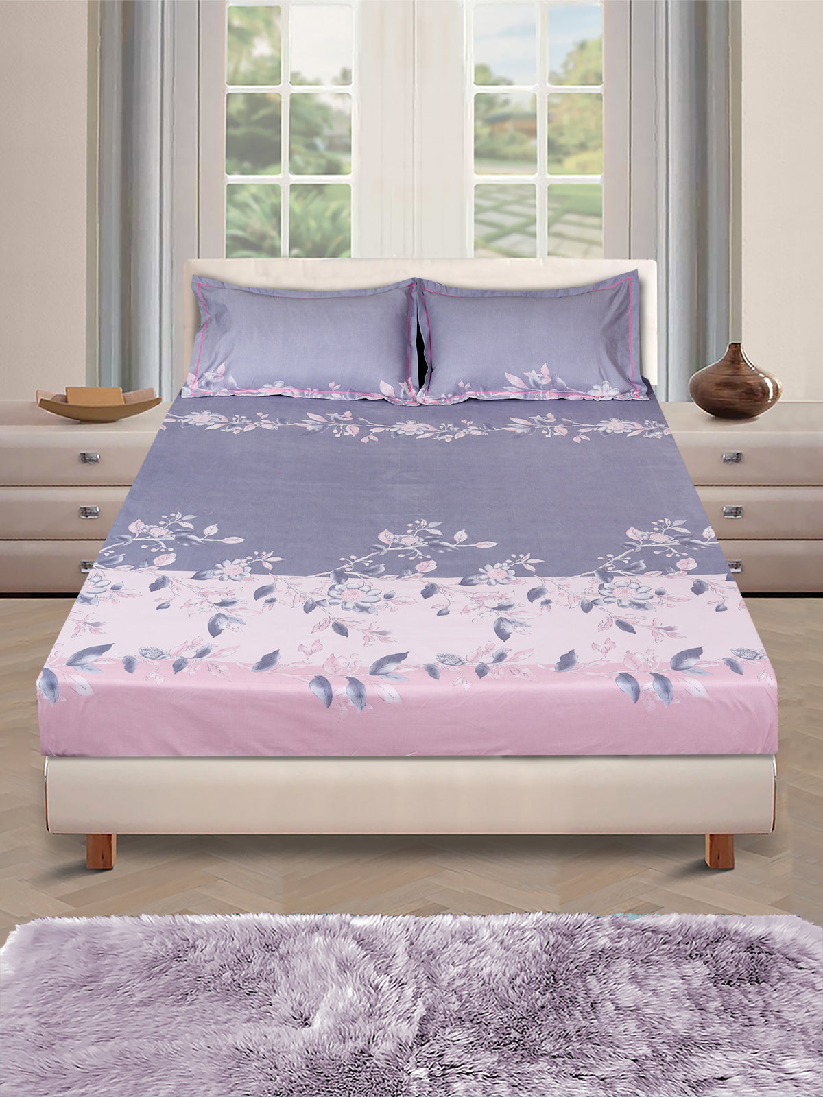 Pink & Blue Floral PATTERNED 144 TC QUEEN BEDSHEET WITH 2 PILLOW COVERS