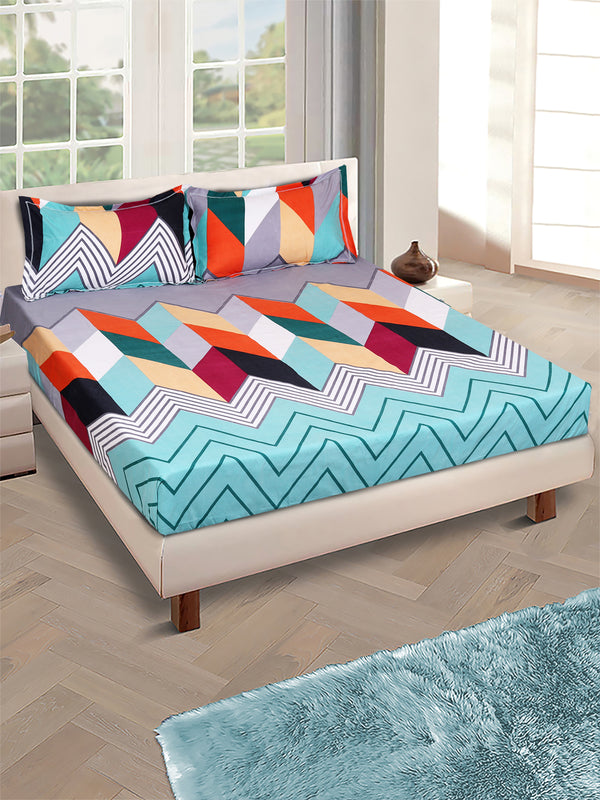 Teal Geometric PATTERNED 144 TC QUEEN BEDSHEET WITH 2 PILLOW COVERS