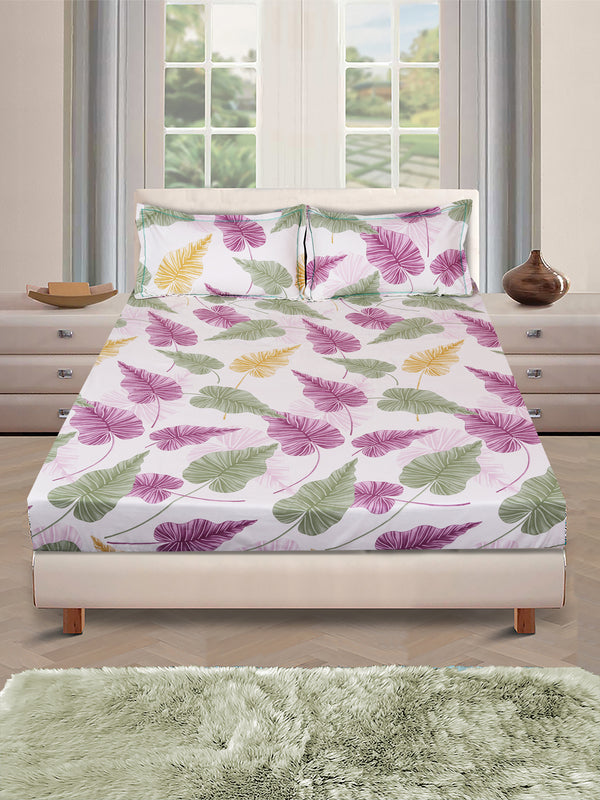 Beige Floral PATTERNED 144 TC QUEEN BEDSHEET WITH 2 PILLOW COVERS