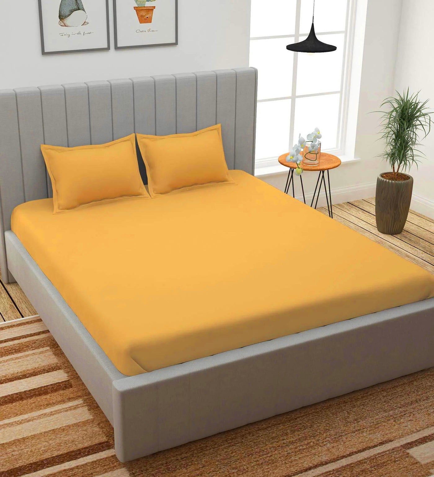 Yellow Solid PATTERNED 150 TC QUEEN BEDSHEET WITH 2 PILLOW COVERS
