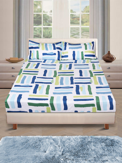 Blue & Green Geometric Patterned 210 TC Queen Bedsheet with 2 Pillow Covers