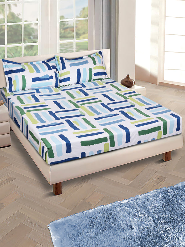 Blue & Green Geometric Patterned 210 TC Queen Bedsheet with 2 Pillow Covers