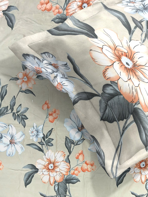 Beige Floral Patterned 210 TC Queen Bedsheet with 2 Pillow Covers