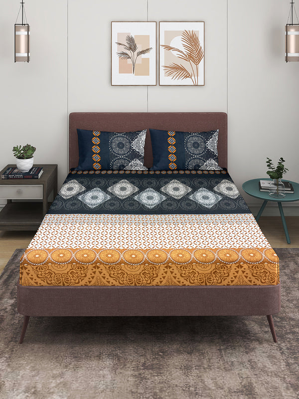 MULTICOLOR ETHNIC MOTIFS PATTERNED 144 TC QUEEN BEDSHEET WITH 2 PILLOW COVERS