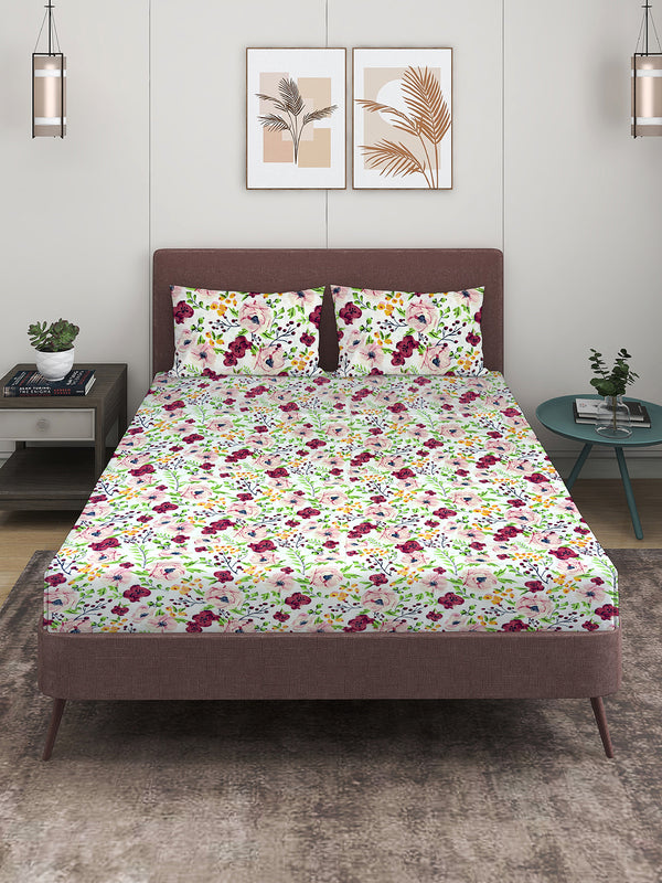 144 TC White & Pink, Green Double Bedsheet with 2 Pillow Covers
