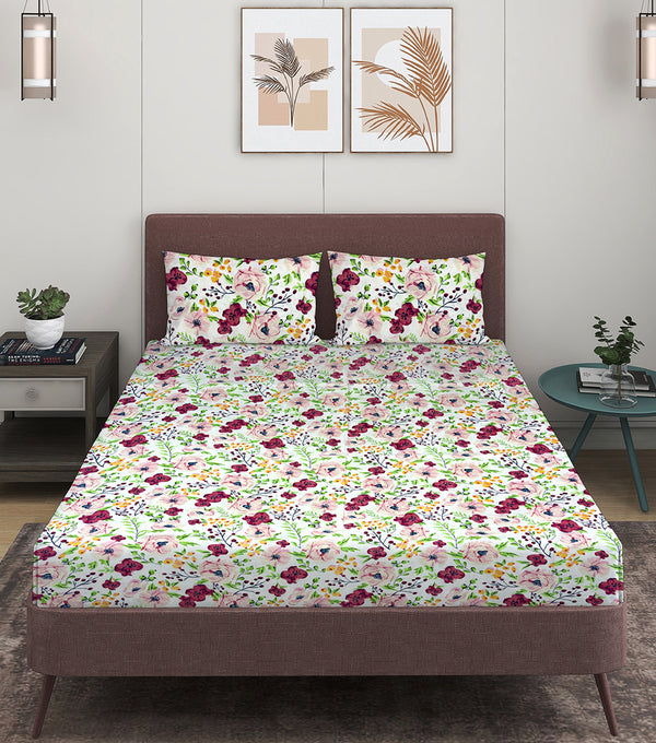144 TC White & Pink, Green Double Bedsheet with 2 Pillow Covers