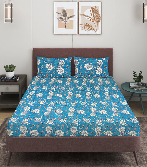 144 TC Blue & White Double Bedsheet with 2 Pillow Covers