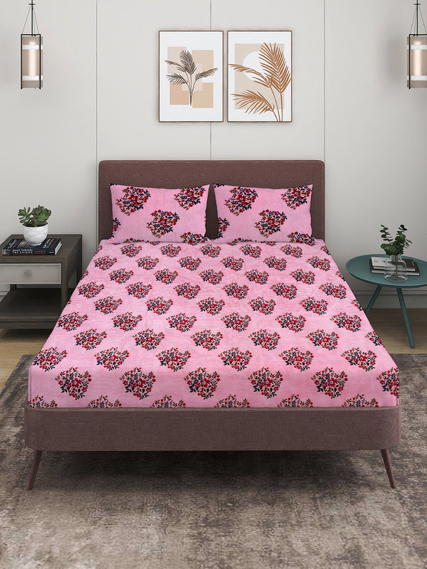 Pink Floral Patterned 144 TC Queen Bedsheet with 2 Pillow Covers