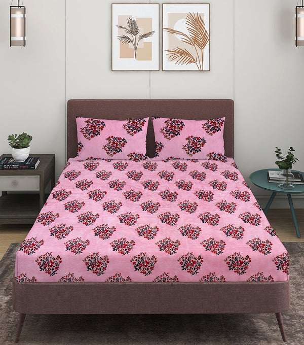 Pink Floral Patterned 144 TC Queen Bedsheet with 2 Pillow Covers