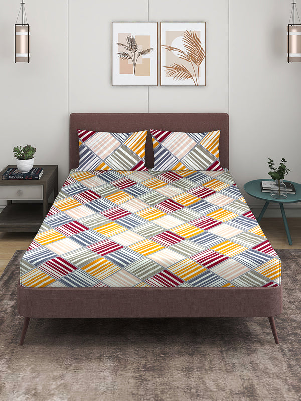 Multicolor Geometric Patterned 144 TC Queen Bedsheet with 2 Pillow Covers