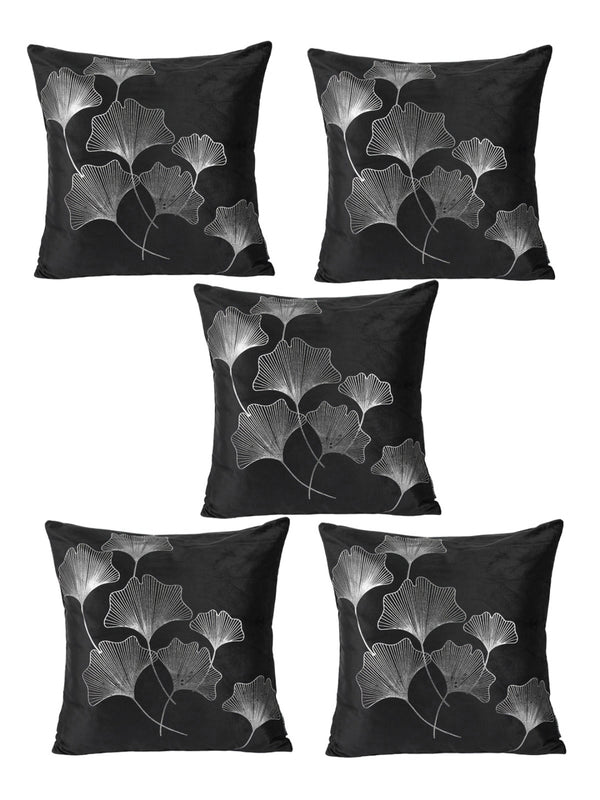 Black & Silver Set of 5 Foil  Patterned Velvet Square Cushion Covers
