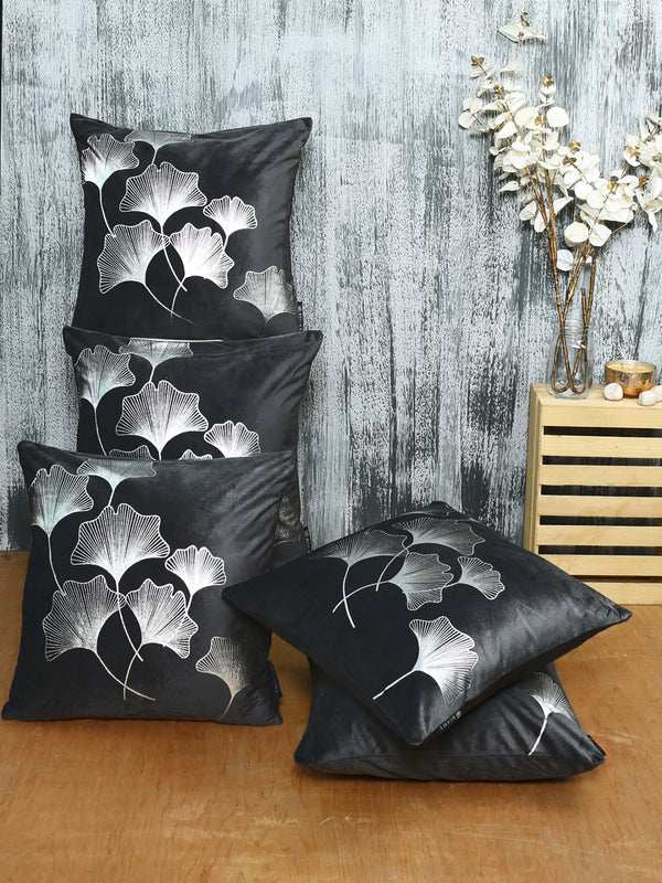 Black & Silver Set of 5 Foil  Patterned Velvet Square Cushion Covers