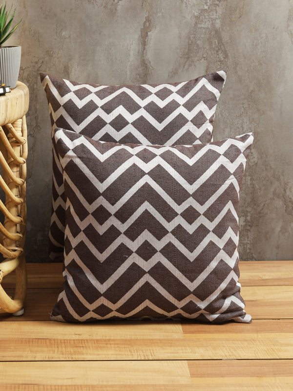 Brown & White Set of 5 Zig Zag Patterned Polycotton Square Cushion Covers