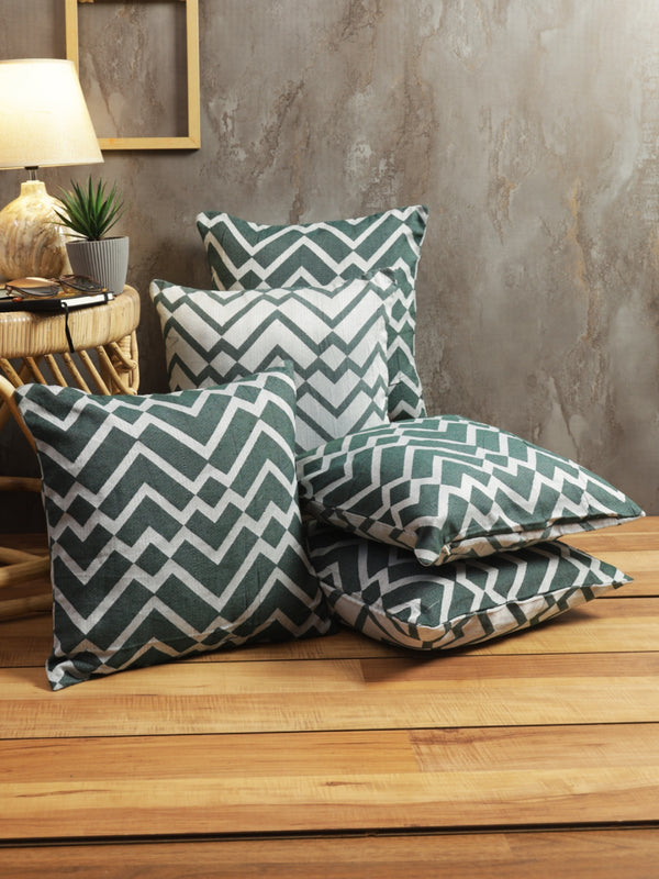 Green & White Set of 5 Zig Zag Patterned Polycotton Square Cushion Covers