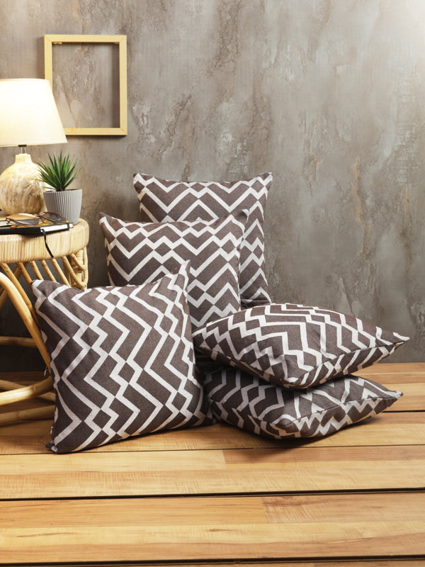 Brown & White Set of 5 Zig Zag Patterned Polycotton Square Cushion Covers