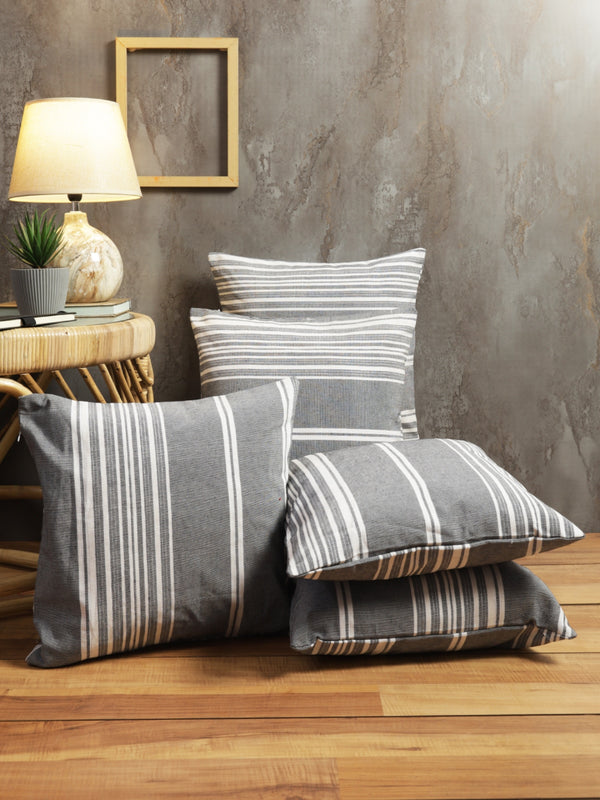 Grey Set of 5 Striped Patterned Polycotton Square Cushion Covers