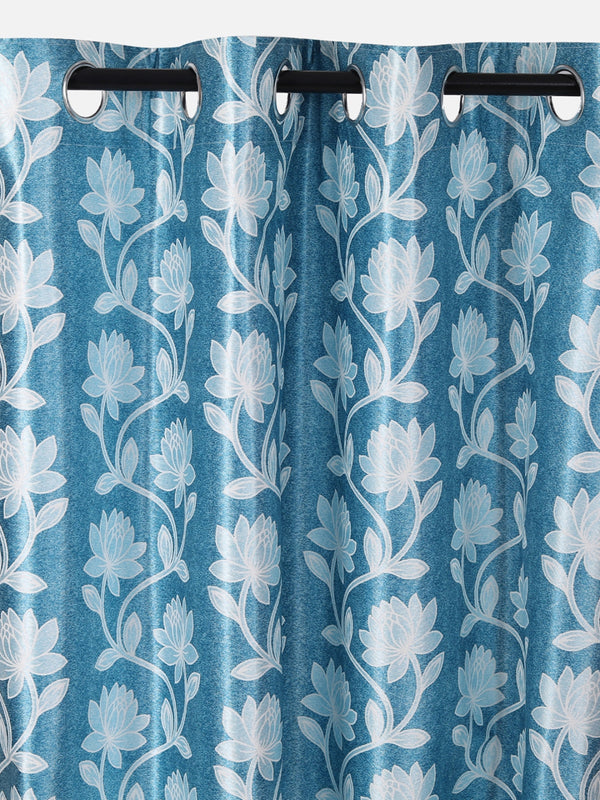 Romee Turquoise Blue Floral Patterned Set of 2 Long Door Curtains
