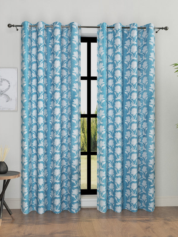 Romee Turquoise Blue Floral Patterned Set of 2 Long Door Curtains