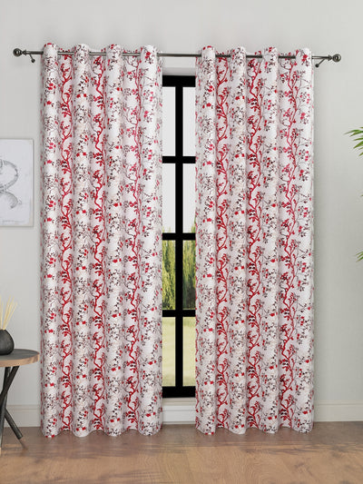 Romee Maroon & Cream Floral Patterned Set of 2 Long Door Curtains