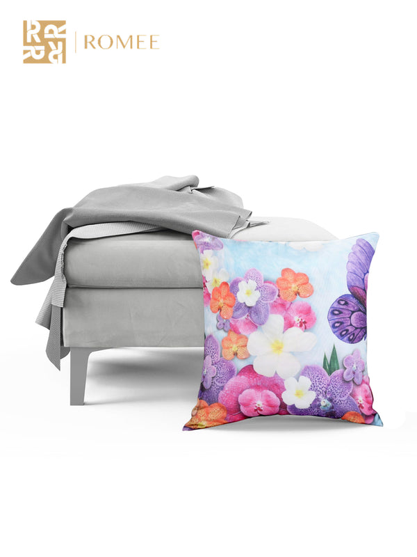 Blue Set of 5 Floral Patterned Jute Square Cushion Covers