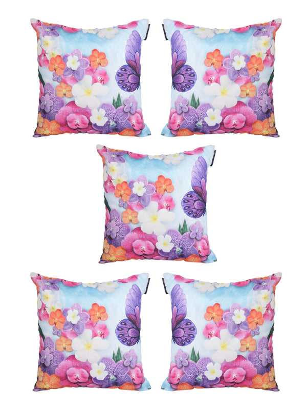 Blue Set of 5 Floral Patterned Jute Square Cushion Covers